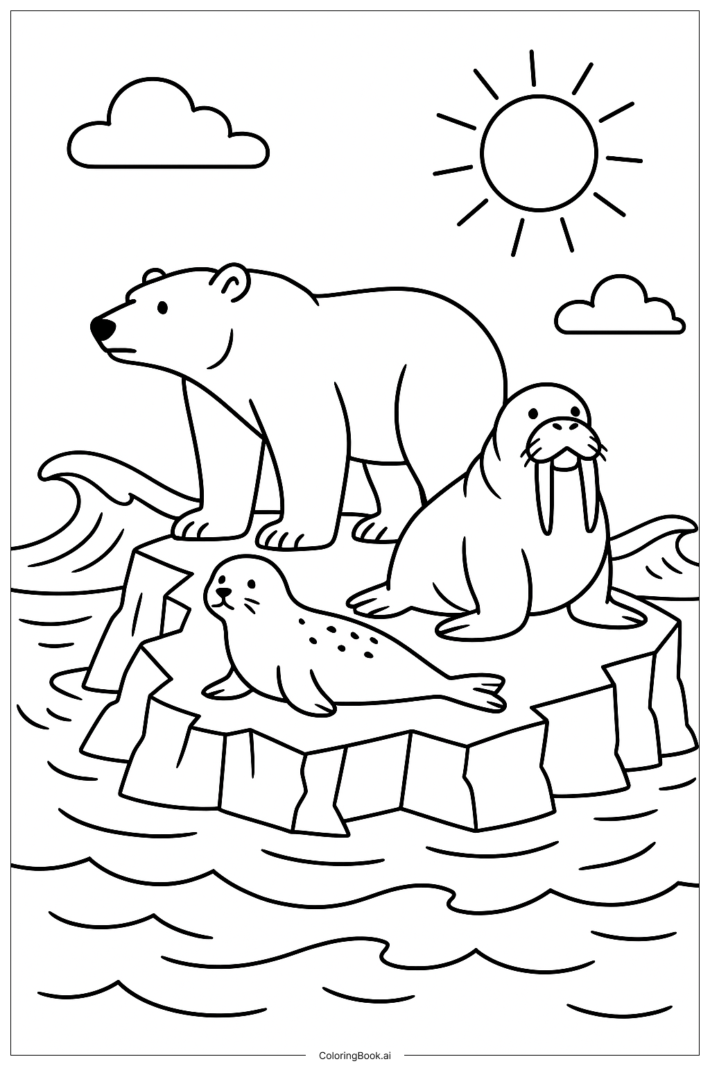  崩れかけた氷山の上の北極動物たちの劇的なシーンの塗り絵ページ 