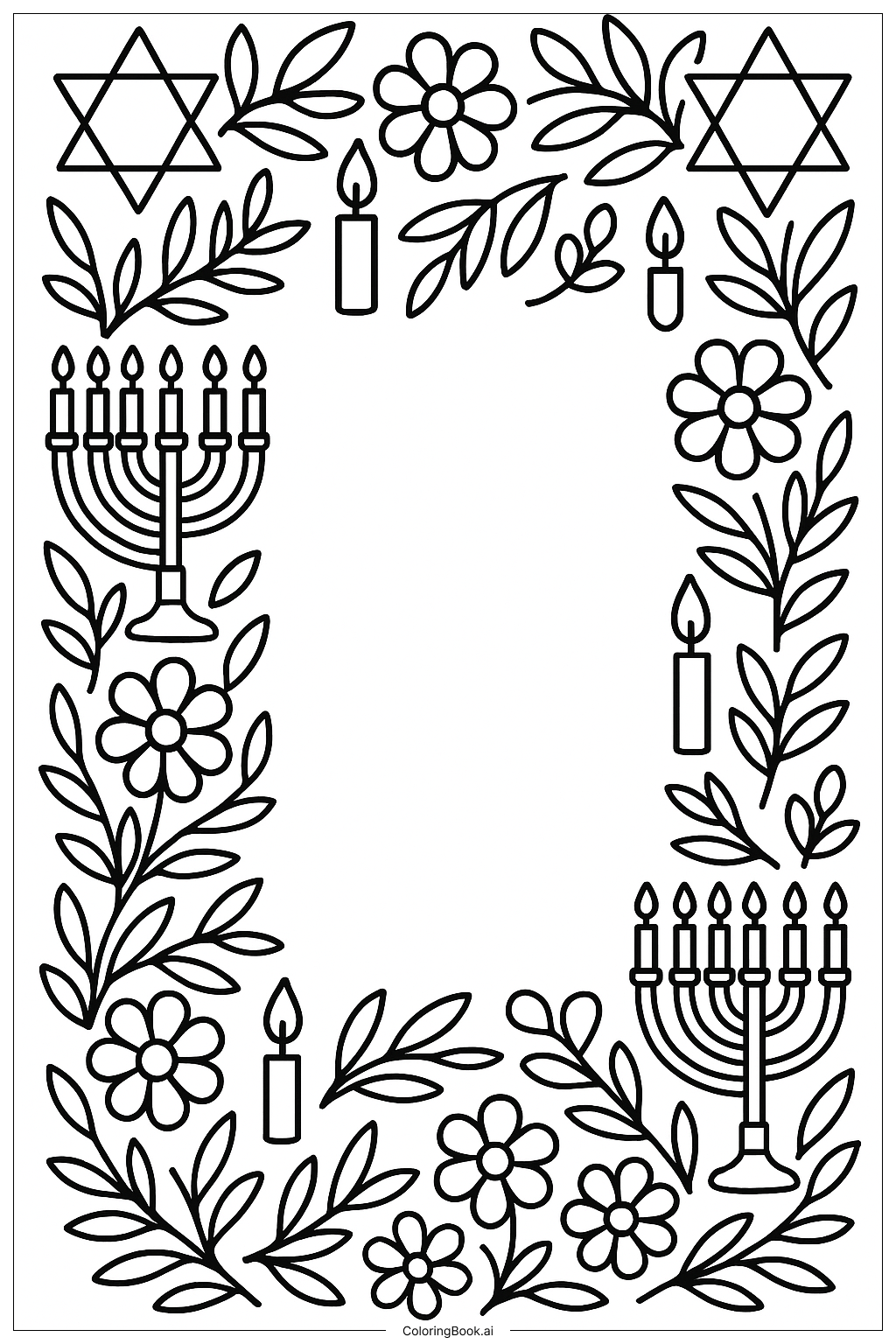  Hanukkah Floral Border Design Coloring Page 