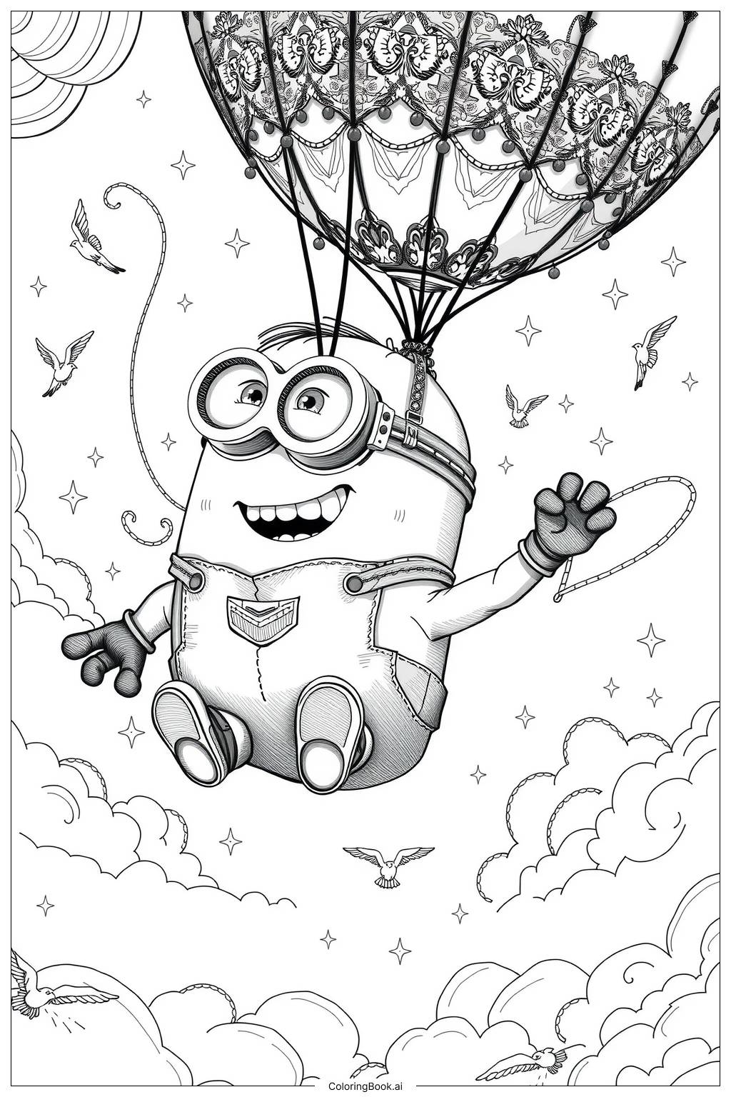  minion flying with a balloon in the sky Coloring Page 