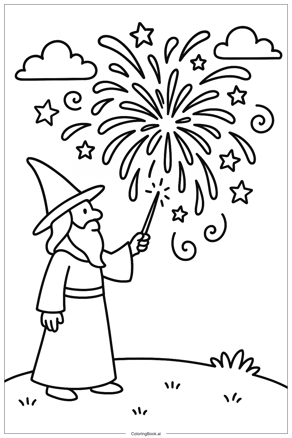 A Wizard Casting A Firework Spell Coloring Page