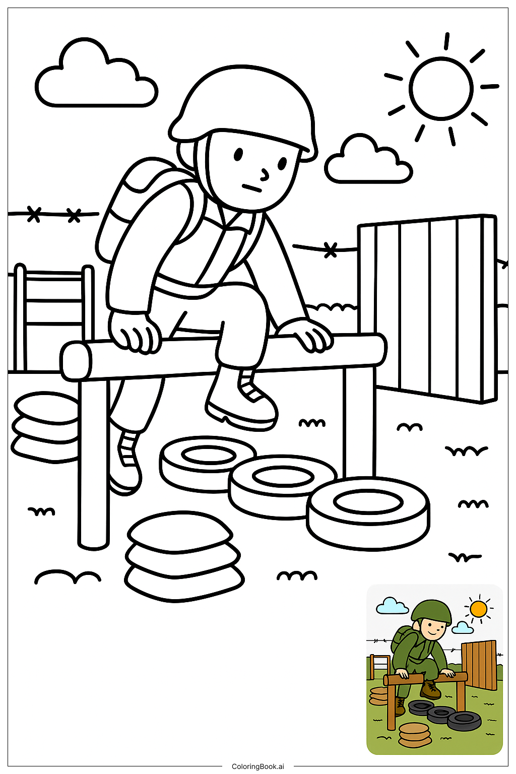  Page de coloriage Soldat de l'Armée Grimpant l'Obstacle 