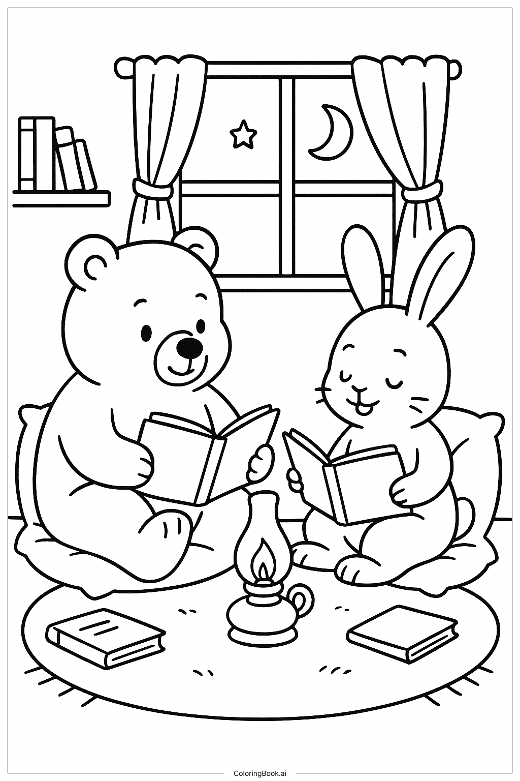  Gemütliche Freunde erzählen Geschichten bei Lampenlicht Ausmalseite 