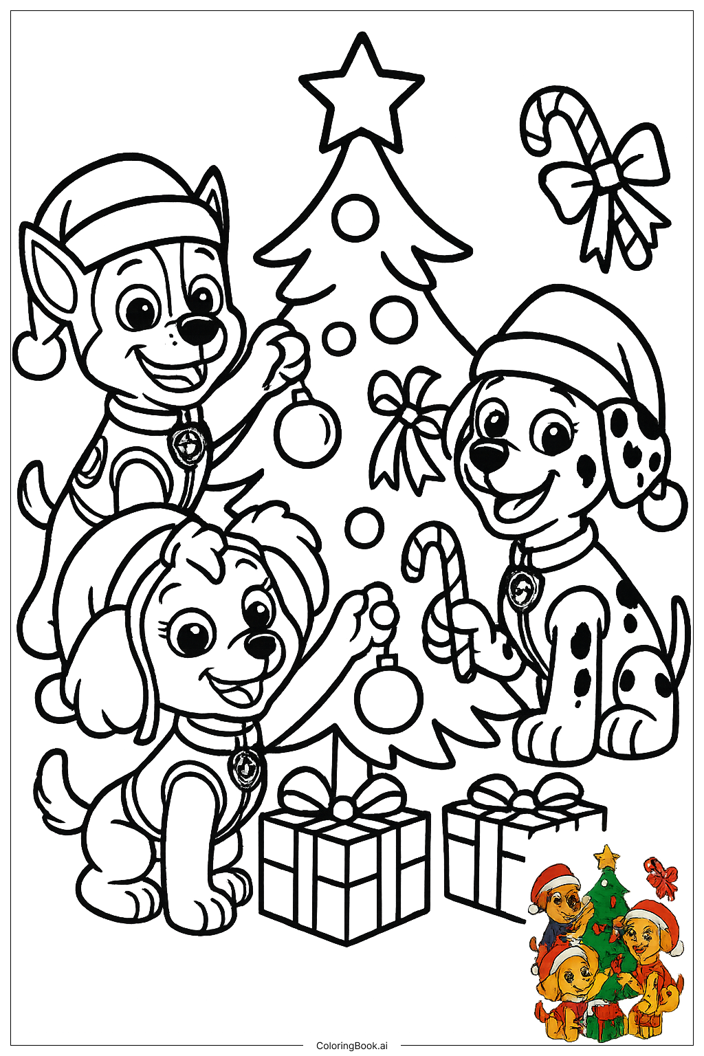  Página para colorir de Paw Patrol Decoração da Árvore de Natal 