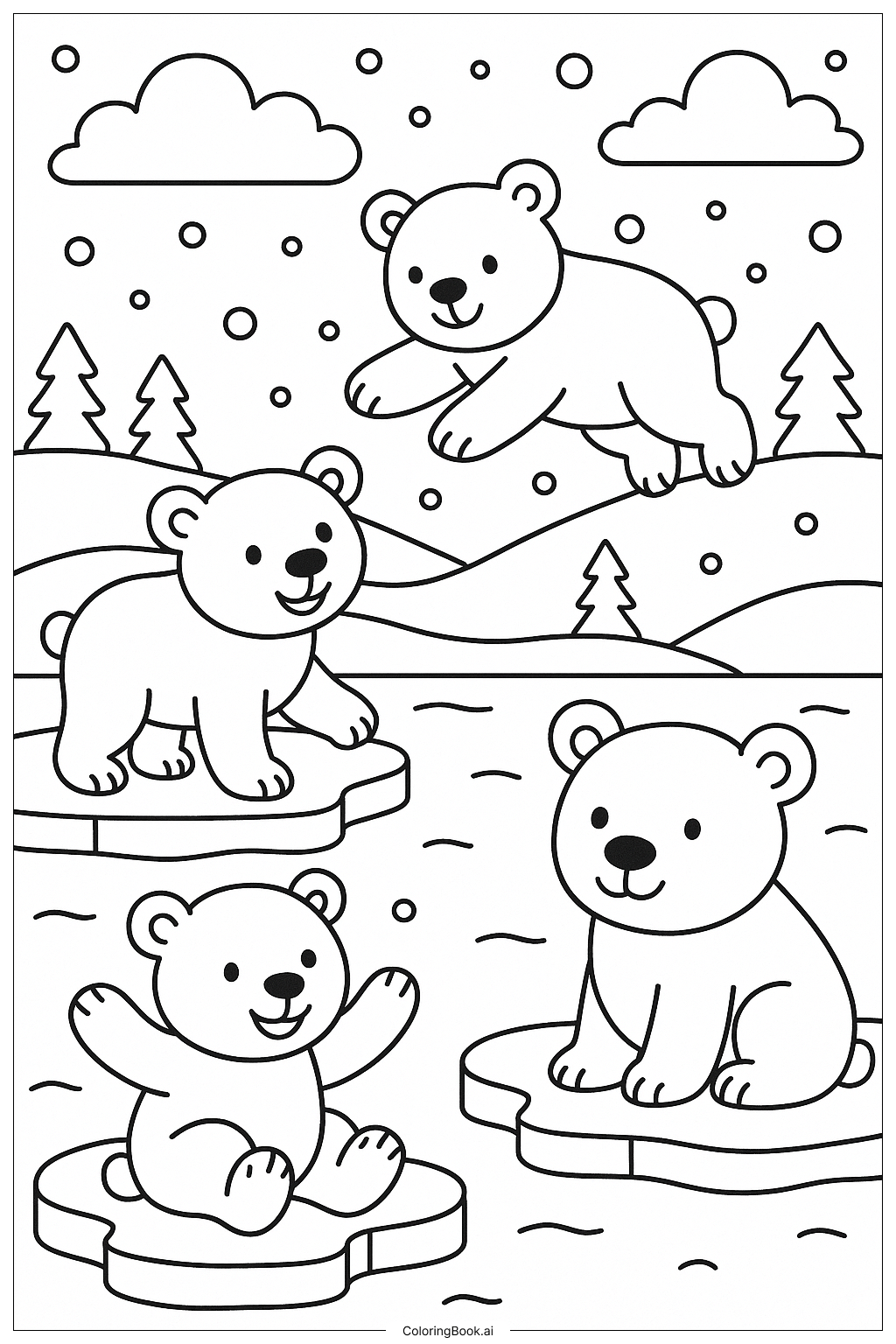  ホッキョクグマの北極の冬の塗り絵ページ 