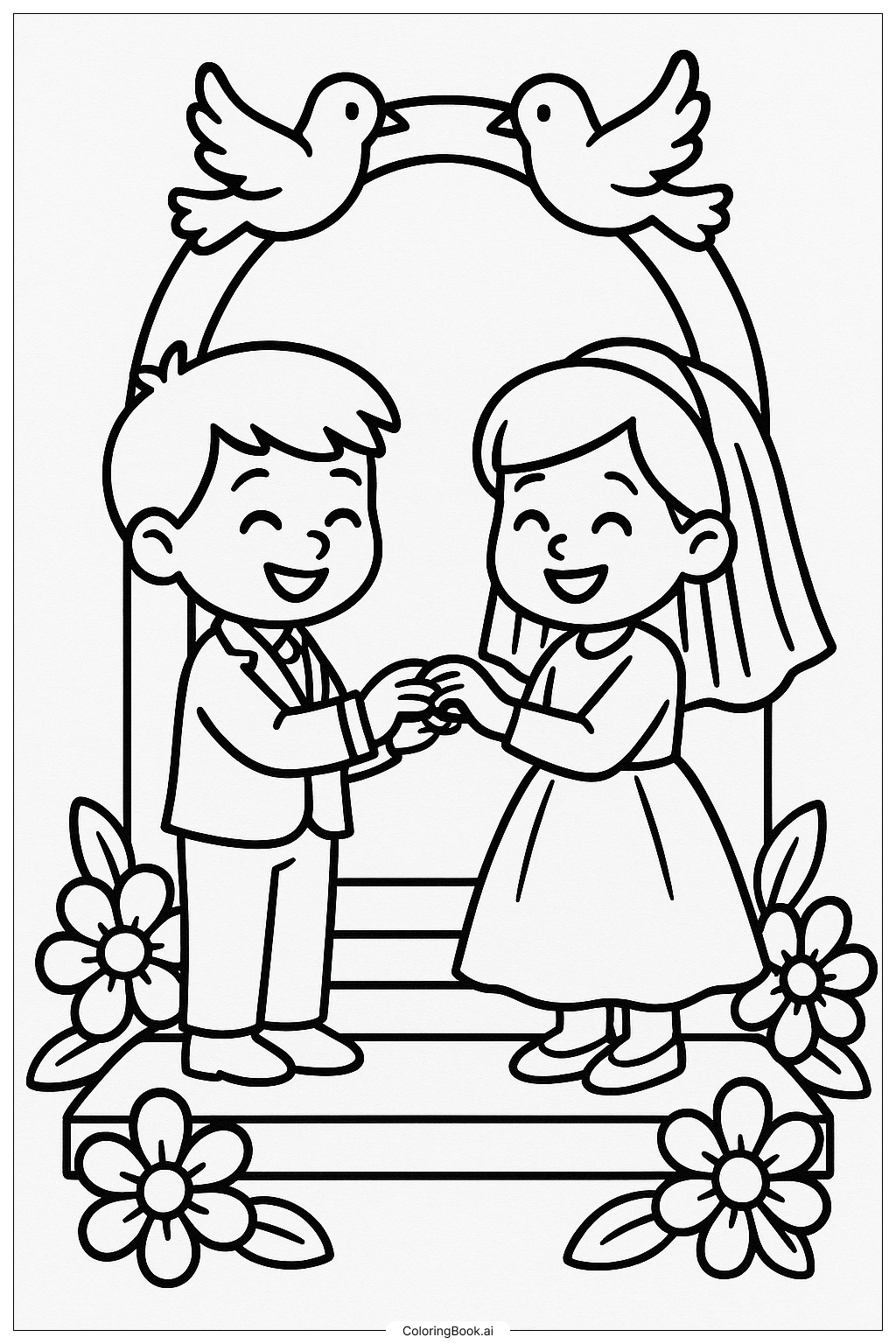  結婚式の祭壇での指輪交換の塗り絵ページ 