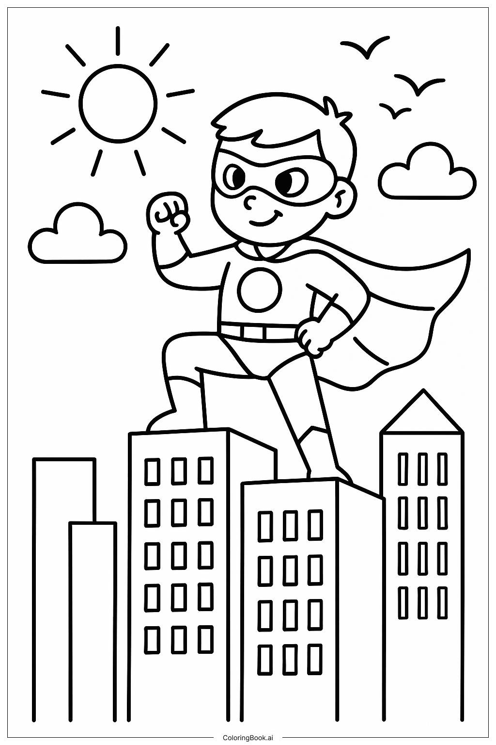 Superheld Steht Auf Einem Wolkenkratzer Ausmalseite