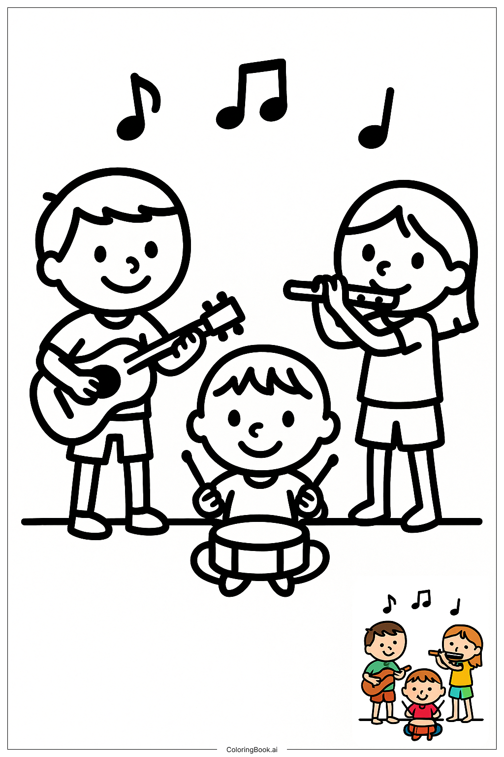 Friends Practicing Musical Instruments著色頁 