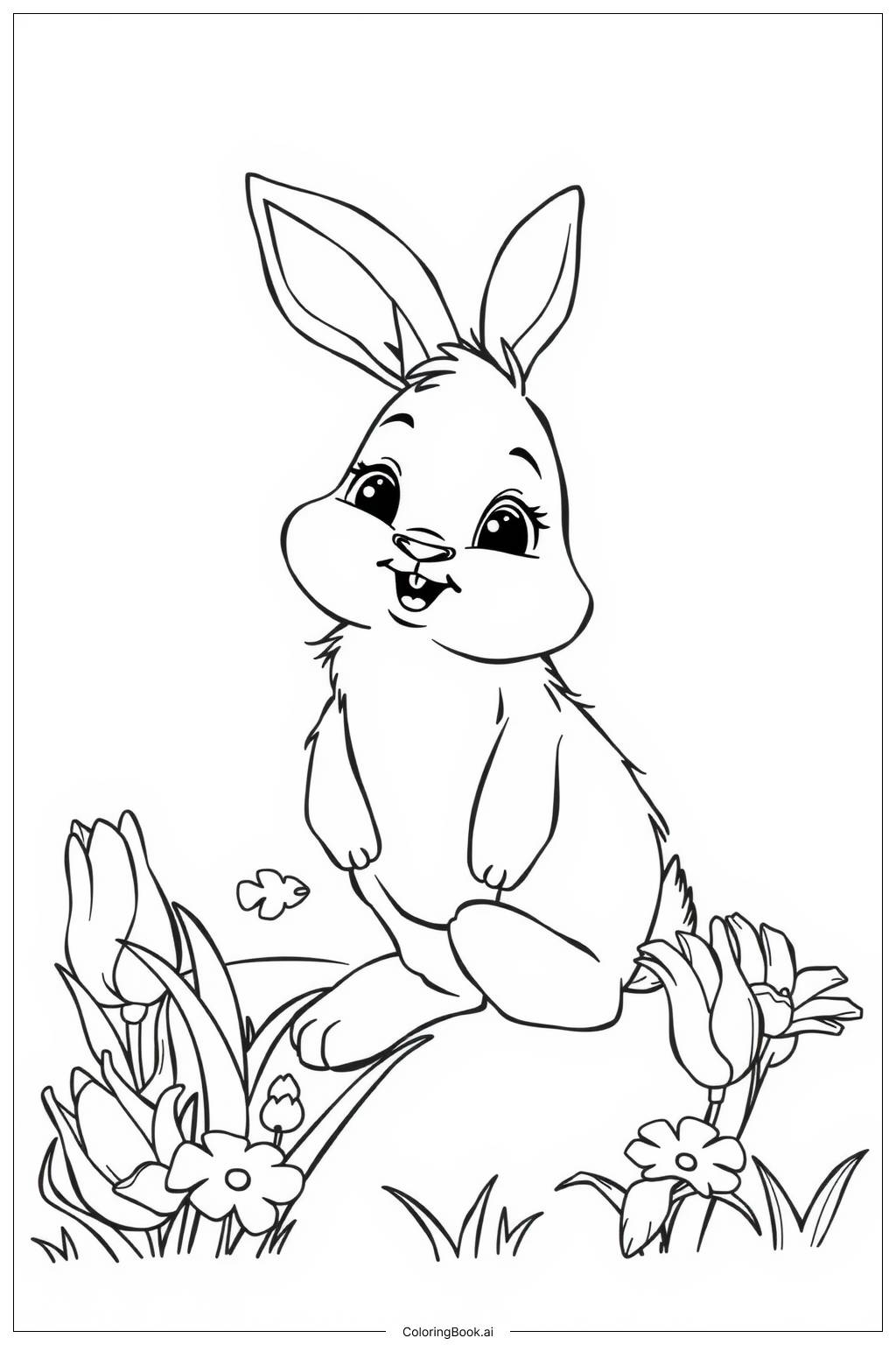  Bunny and Flowers Spring Coloring Page 