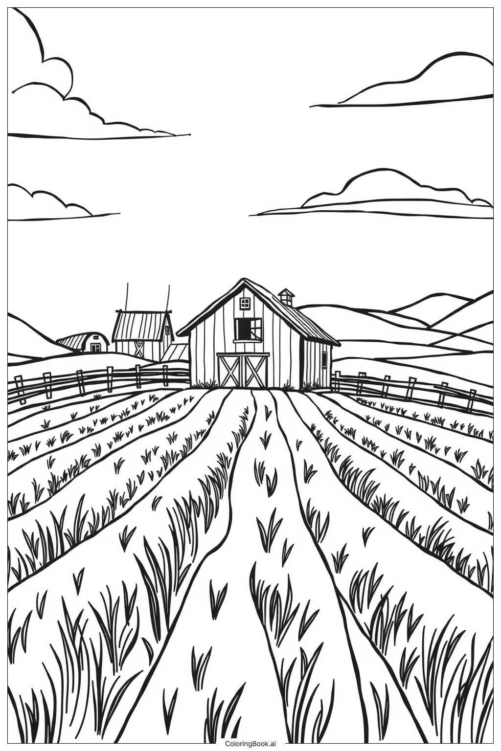  Page de coloriage Ferme entourée de champs 