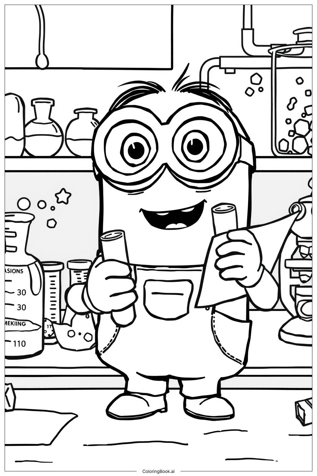  Página para colorear de Minion trabajando en un laboratorio con tubos de ensayo 