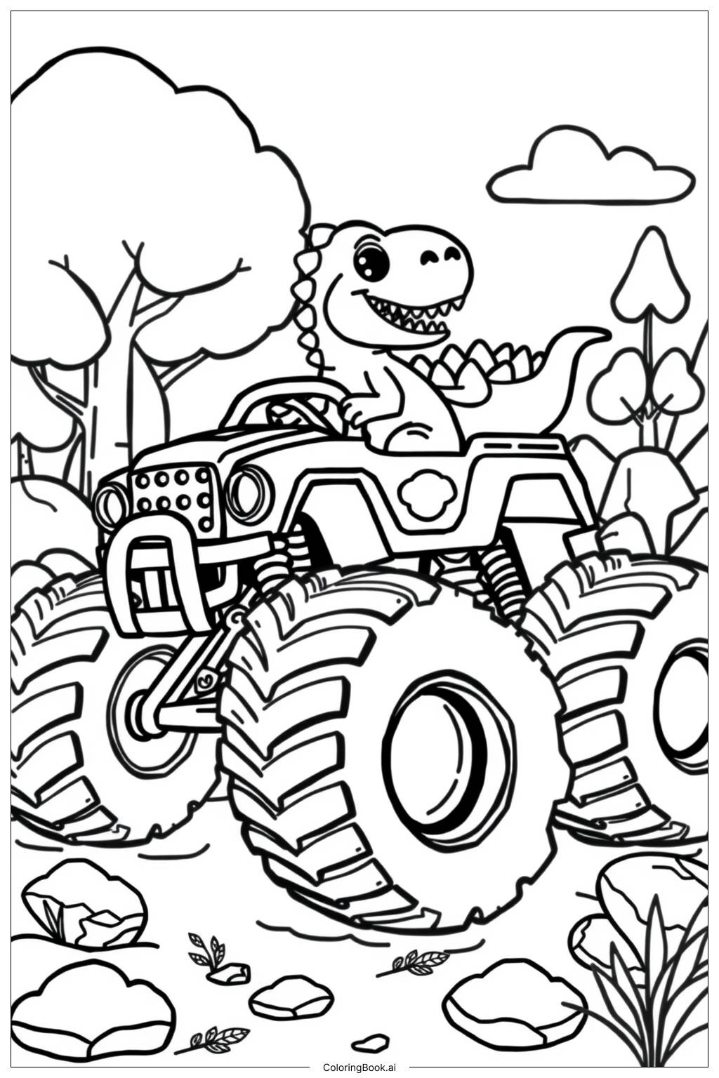  Monster Truck Dinosaur Action Coloring Page 