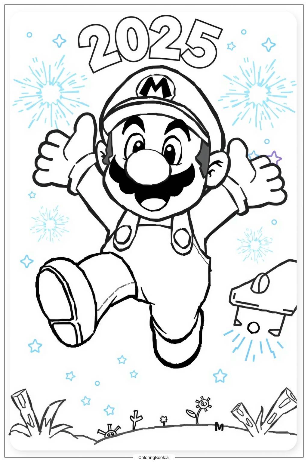  Page de coloriage Mario sautant avec des feux d'artifice pour 2025 