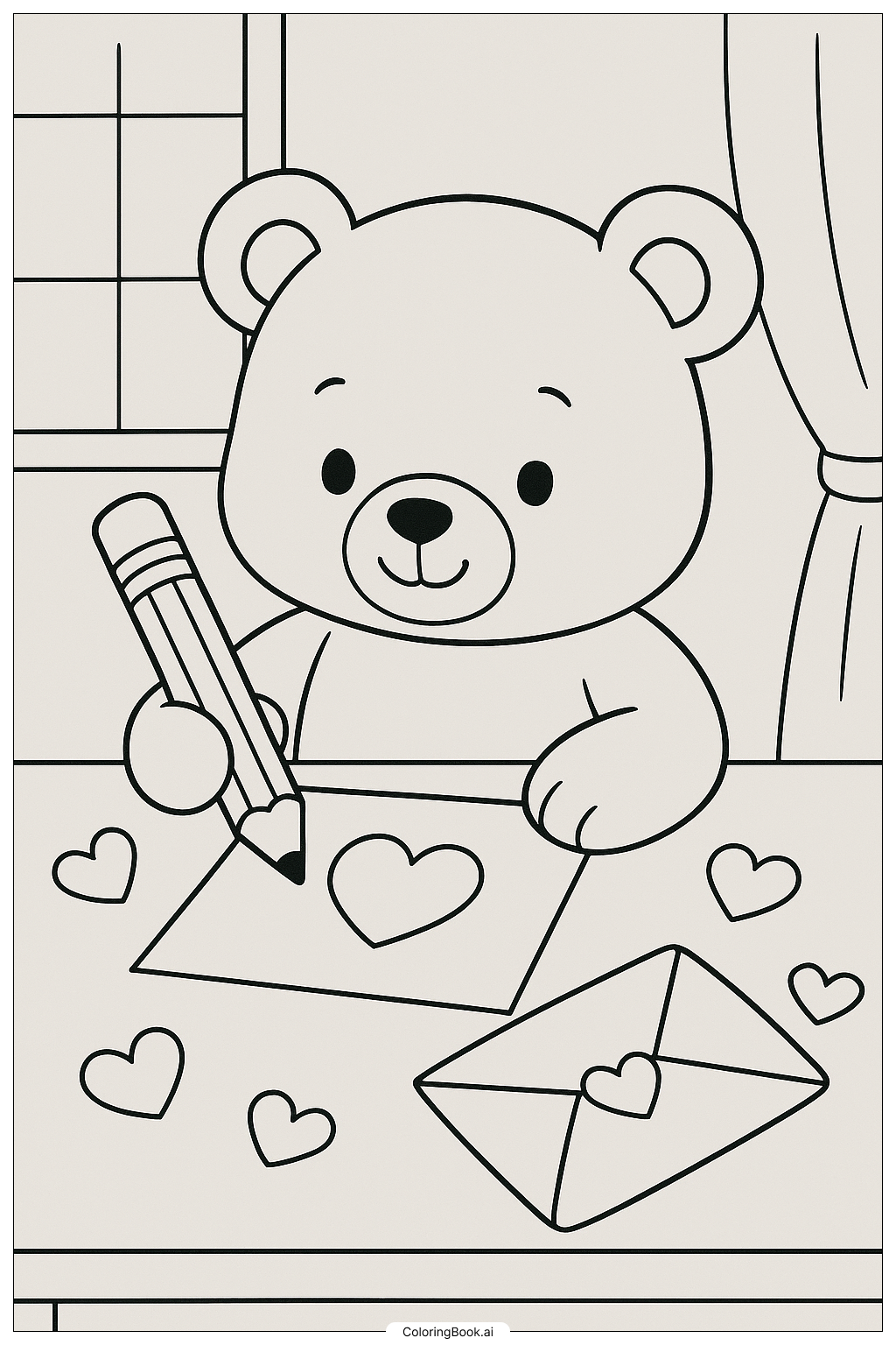  Teddy Bear Writing A Valentine Letter Coloring Page 