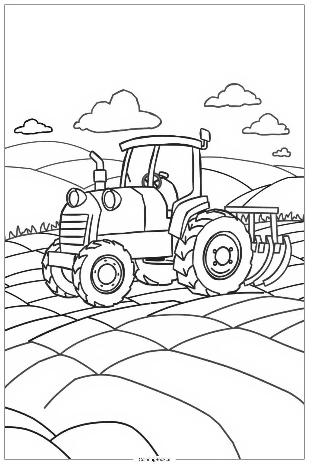  Página para colorear de Tractor Arando Campos 