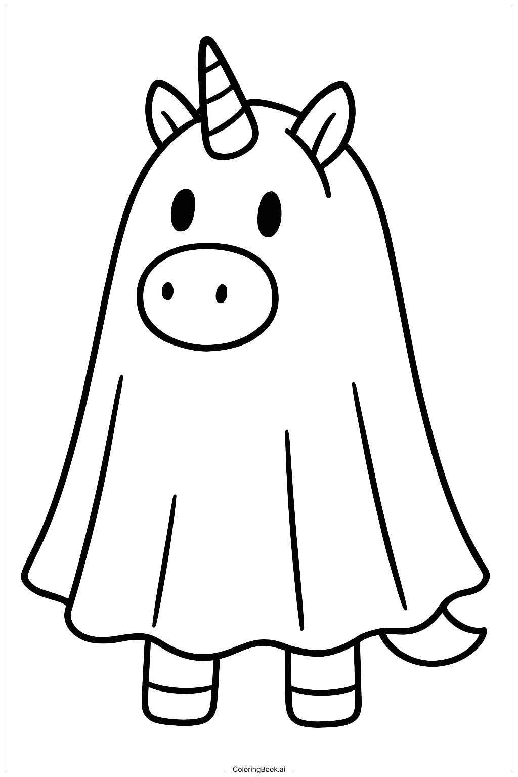  シンプルなユニコーンのハロウィンおばけの塗り絵ページ 