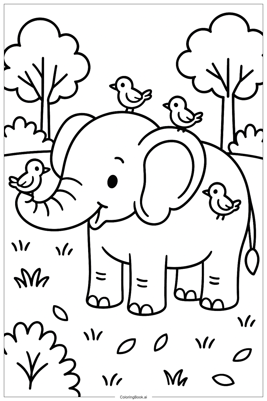 Elephant and Birds Symbiosis Coloring Page 