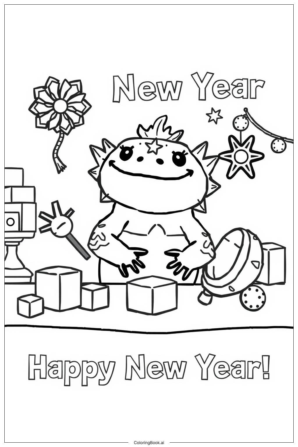  Page de coloriage Décorations d'Axolotl pour le Nouvel An 