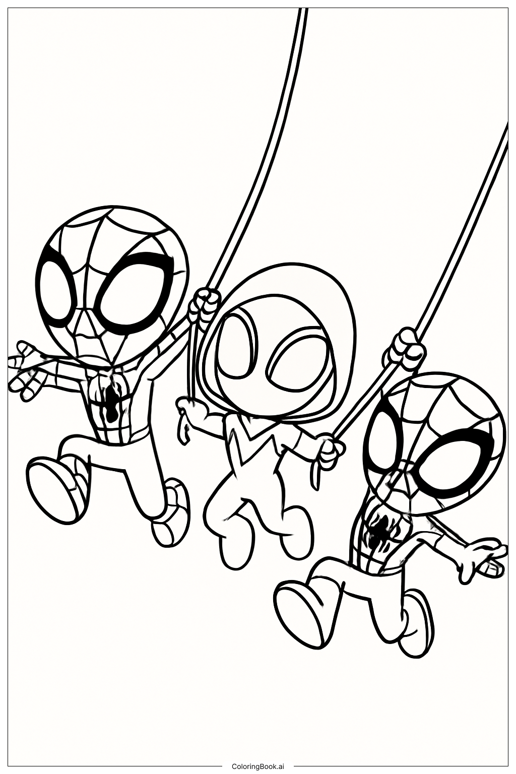  Página para colorear de Spidey y sus increíbles amigos columpiándose en una telaraña 