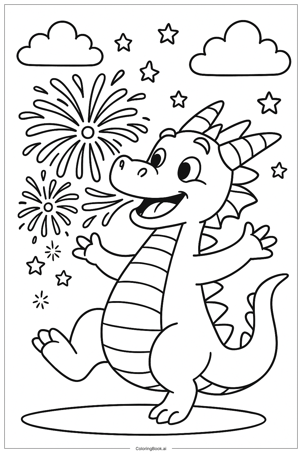 A Dragon Breathing Colorful Fireworks Coloring Page