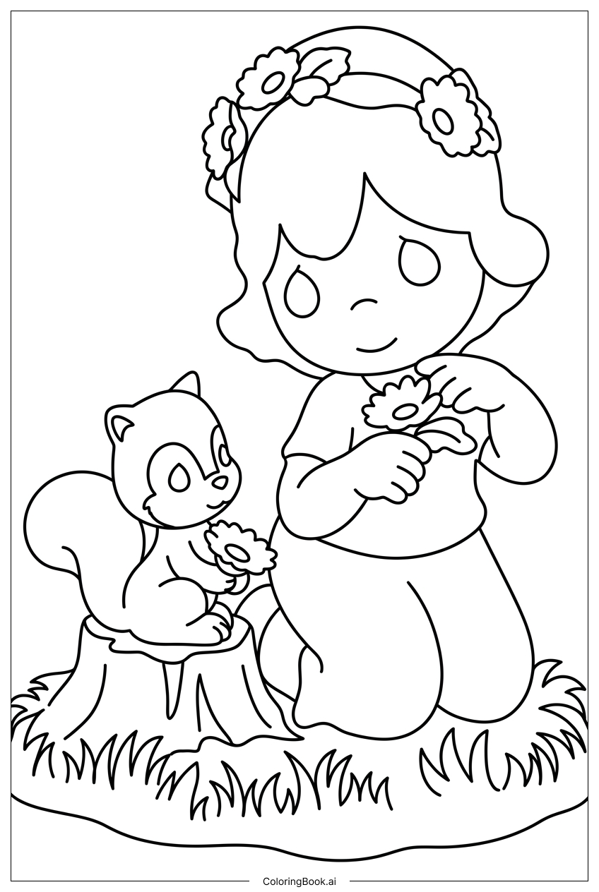  Página para colorear de Niña de Precious Moments comparte flores con ardilla 