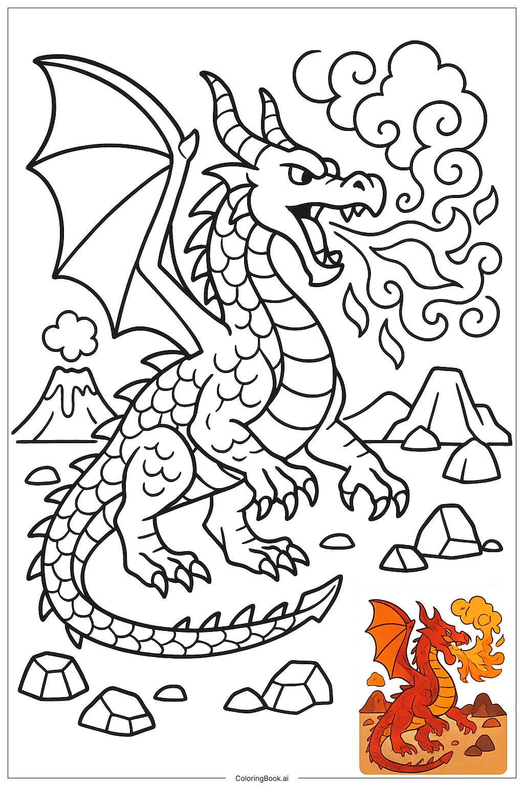  Fire Dragon Breathing Flames Coloring Page 