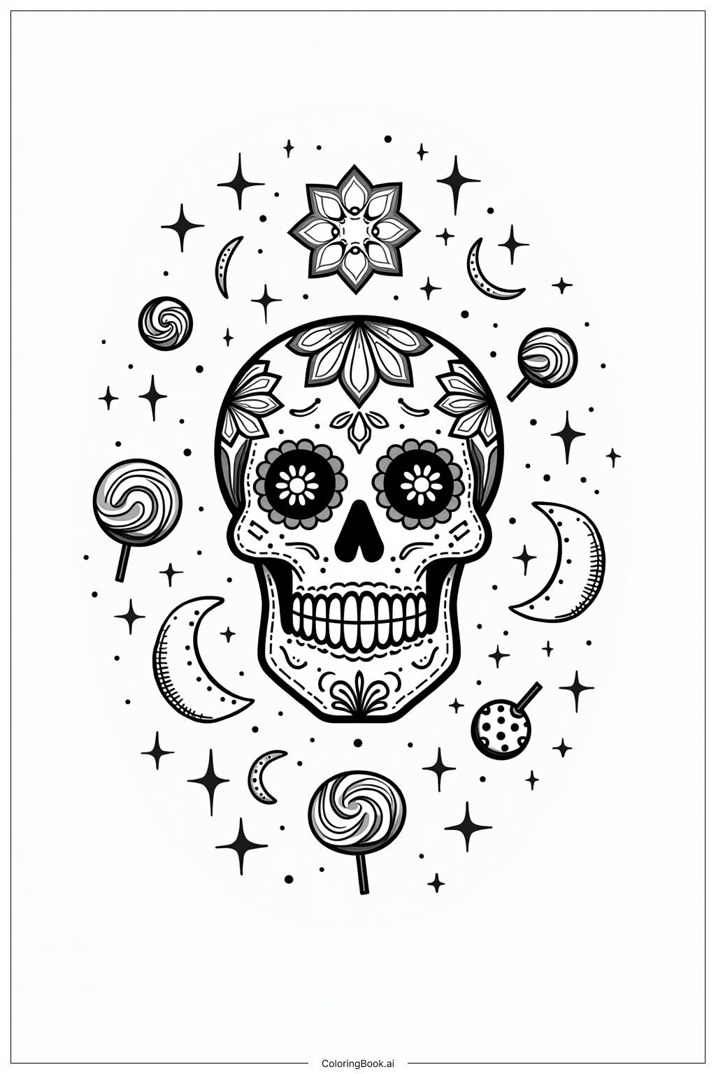  Página para colorear de Una calavera de azúcar combinada con dulces, estrellas y lunas 