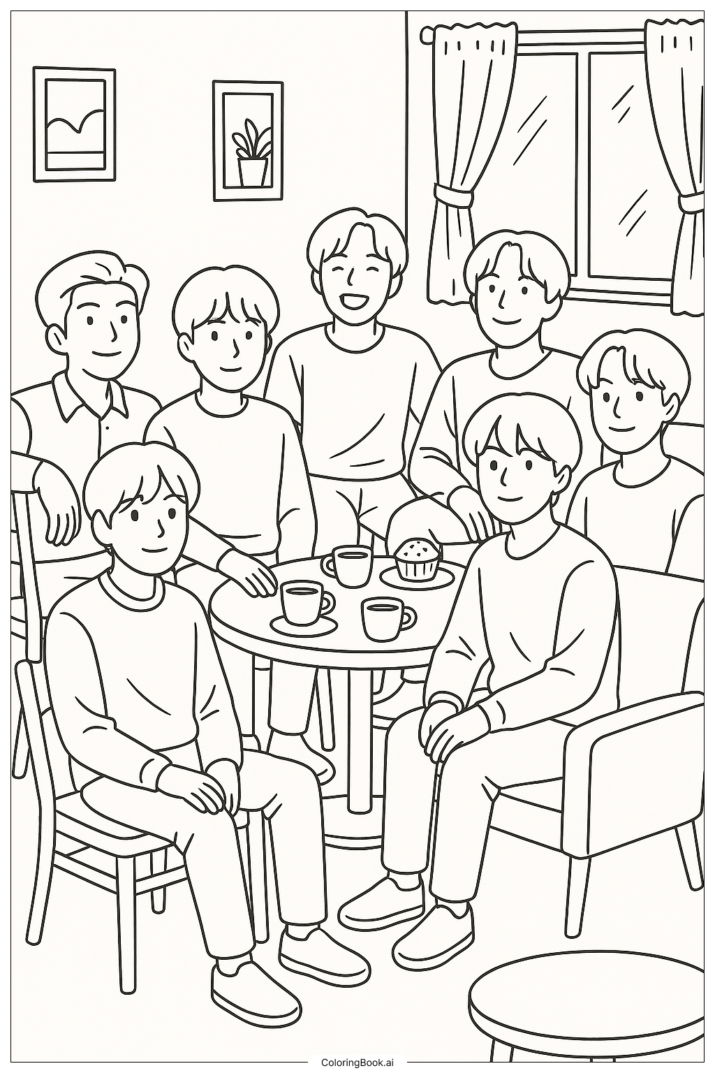  Page de coloriage BTS se détendant dans un café confortable 