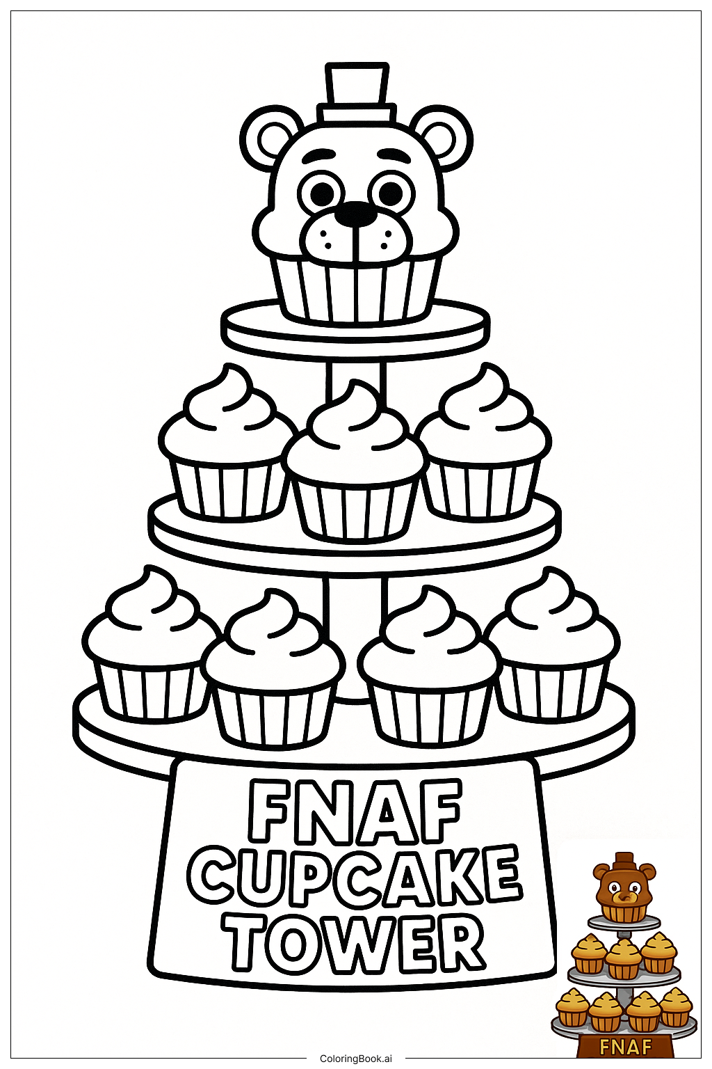  FNAF 컵케이크 타워 디저트 테이블 색칠공부 페이지 