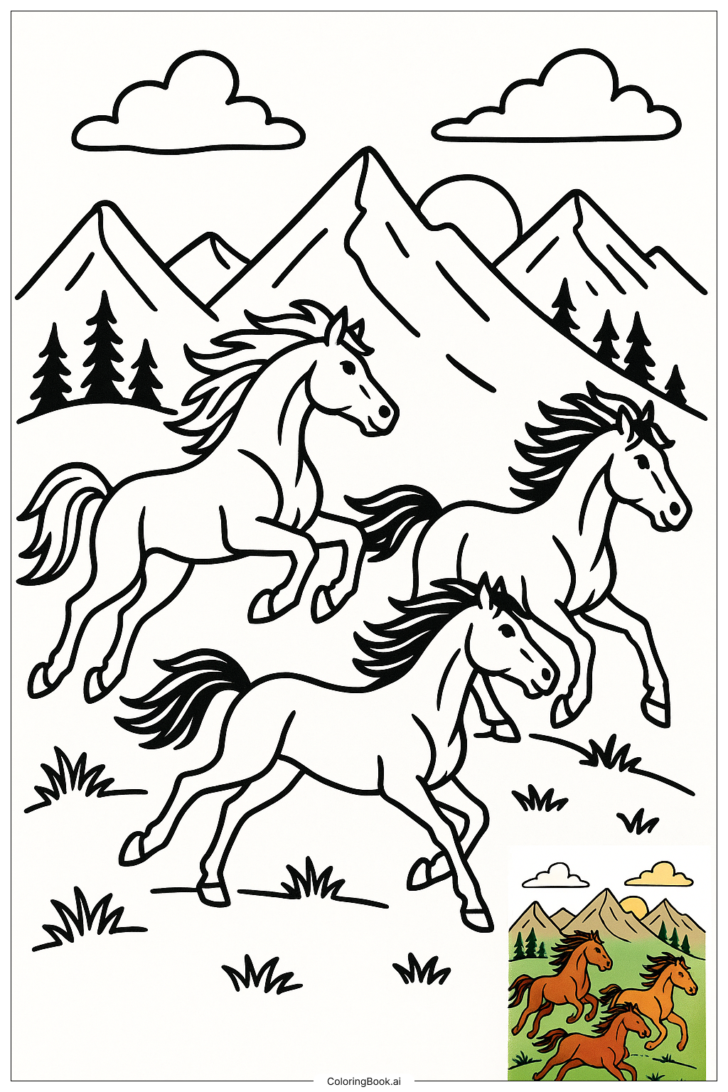  Página para colorir de Rebanho de Mustangs Galopando nas Montanhas 