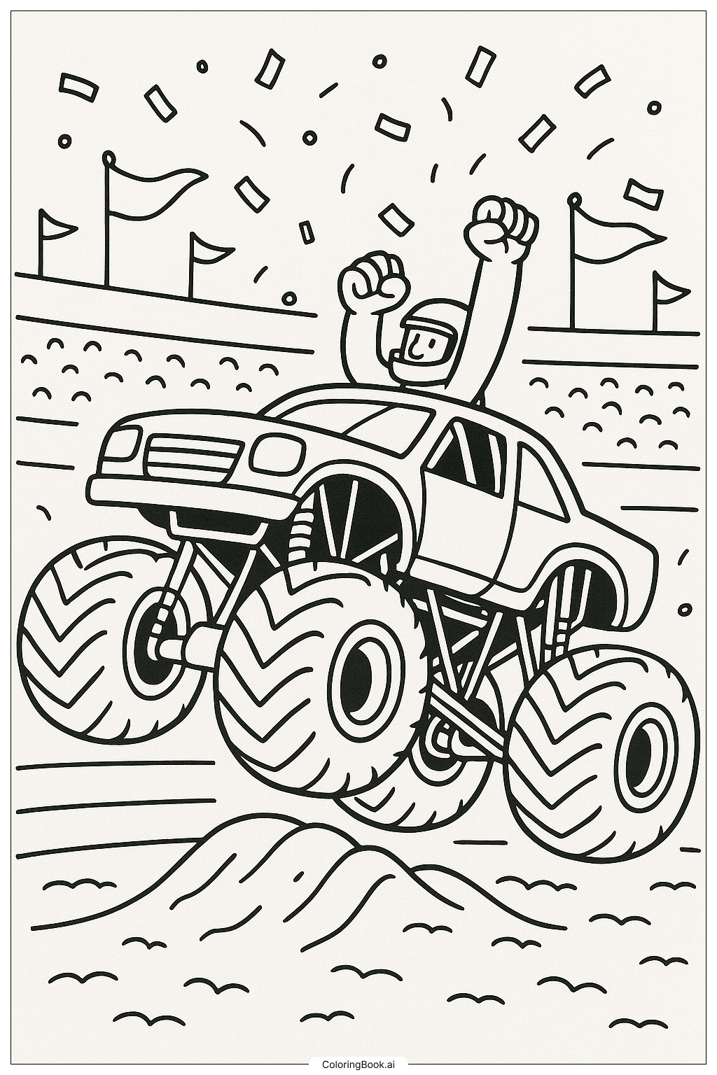  勝利を祝うモンスタートラックの塗り絵ページ 