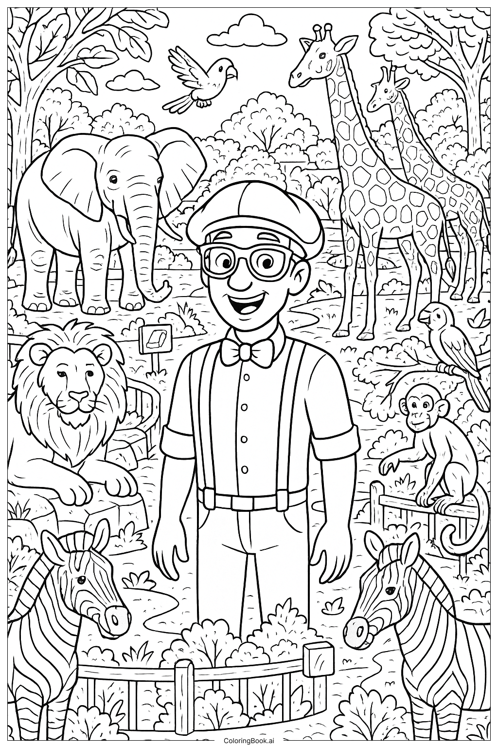  動物いっぱいの動物園でのブリッピの塗り絵ページ 