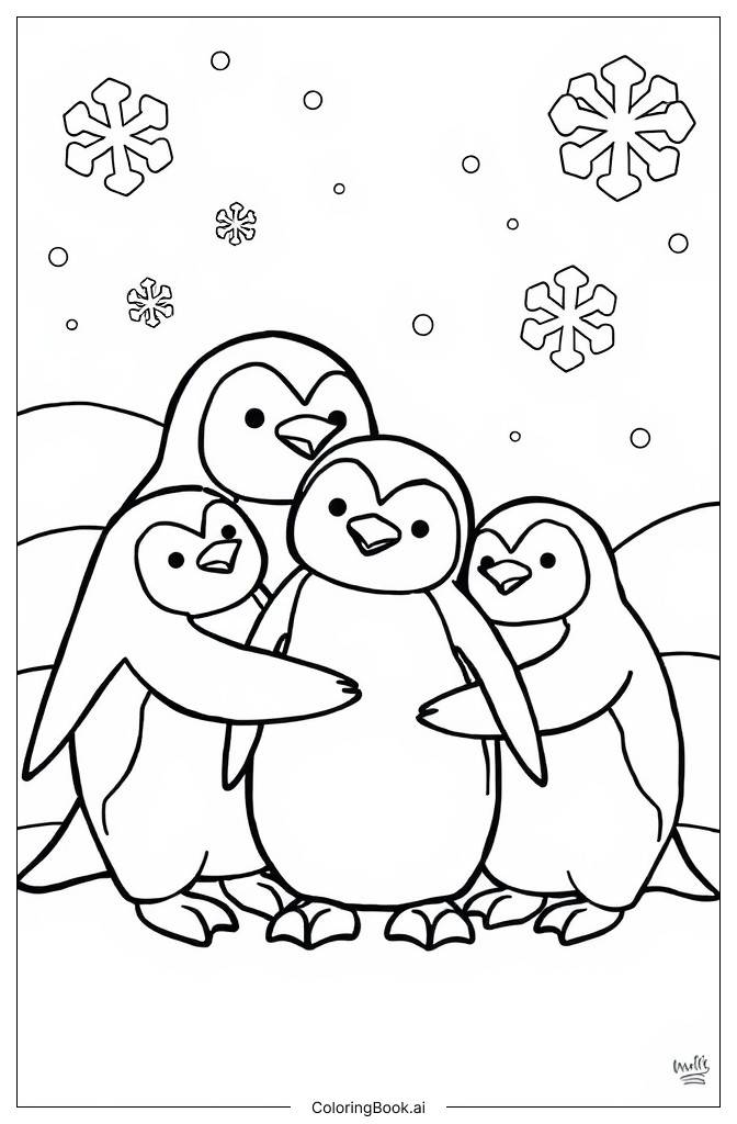  Page de coloriage famille de manchots de trois s'étreignant dans une scène enneigée 