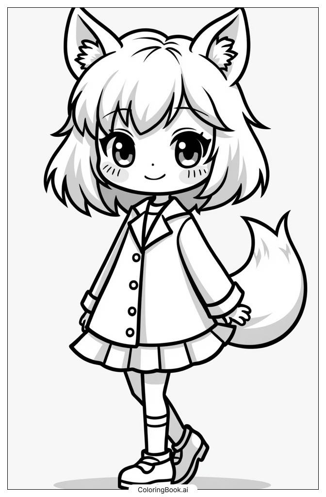  Page de coloriage Fille Mignonne Habillée en Renard 