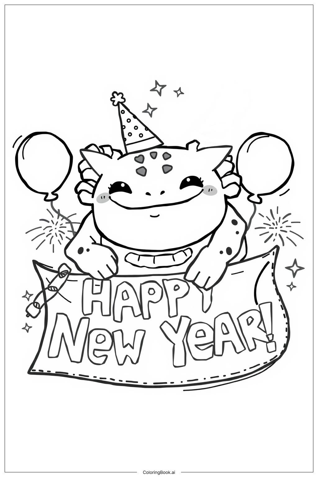  Page de coloriage Axolotl Préparant une Surprise pour le Nouvel An 2025-2 