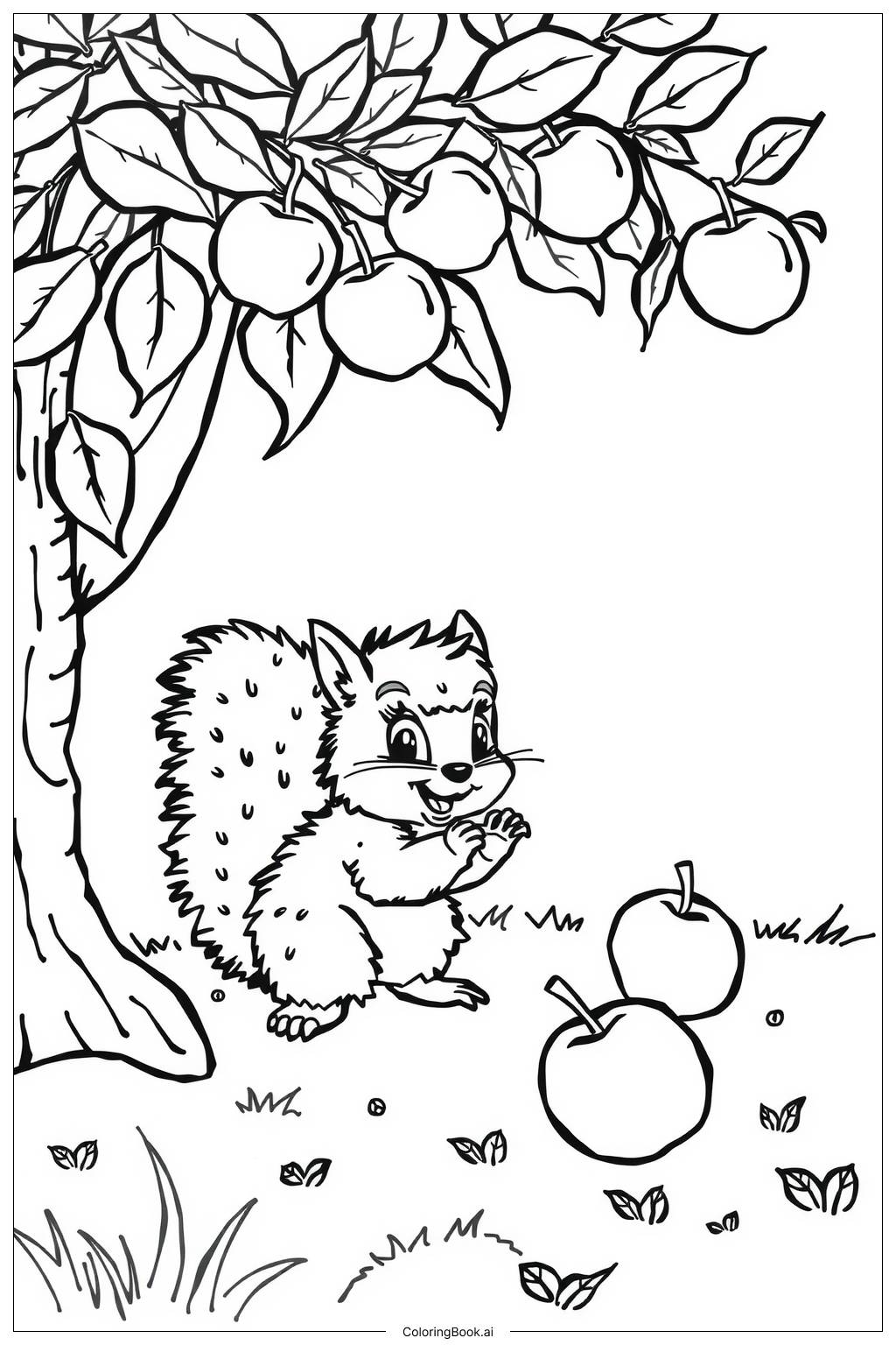  Squirrel Gathering Apples from the Tree Coloring Page 