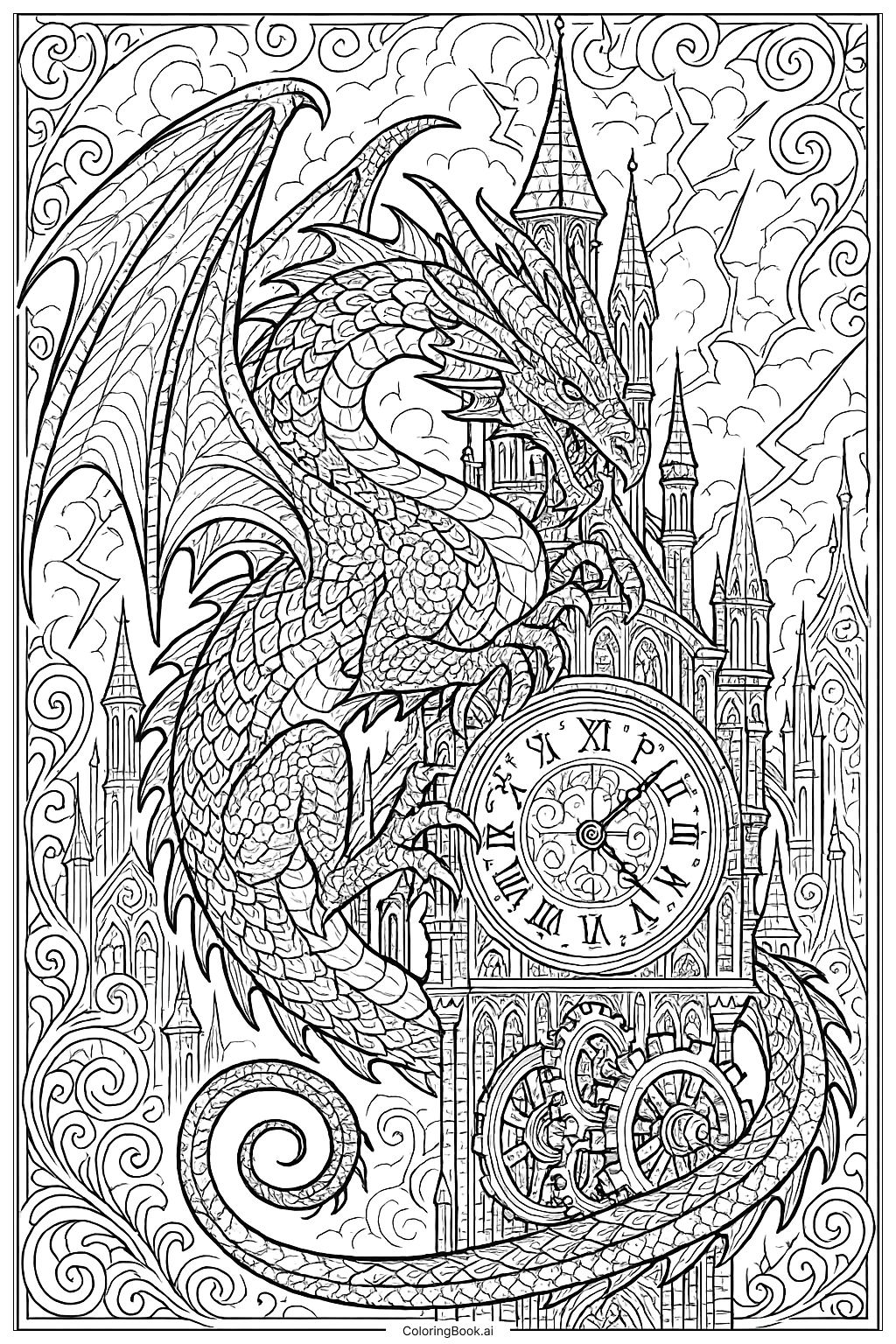 Die böse Zeitdrachen-Uhr Ausmalseite