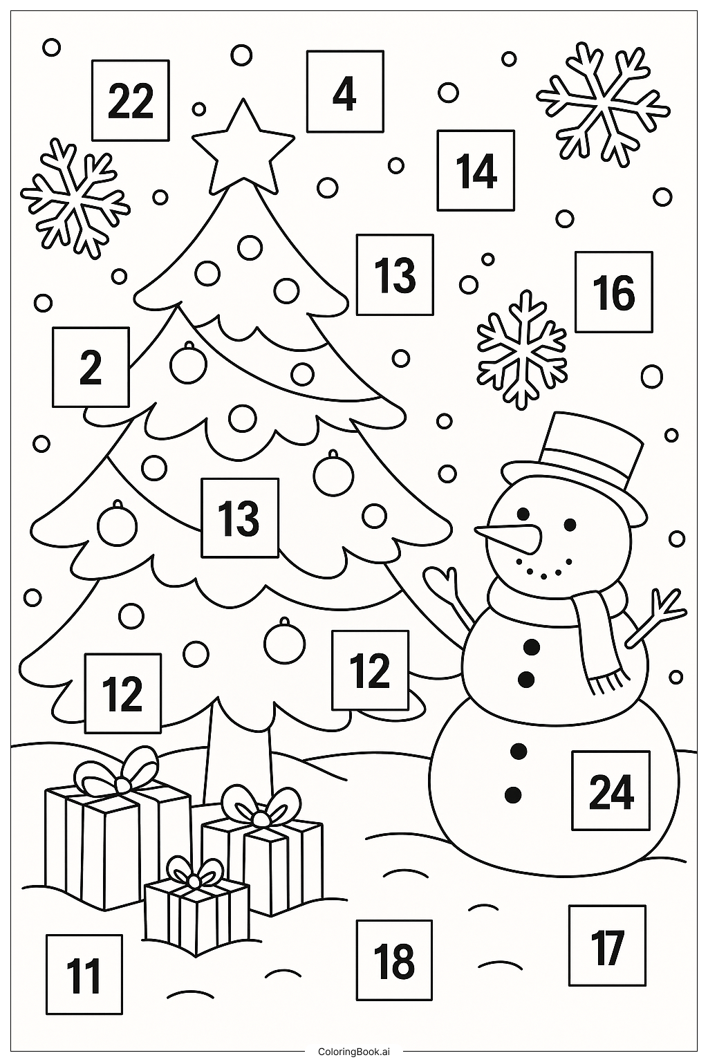  장면이 있는 애드벤트 캘린더 색칠공부 페이지 