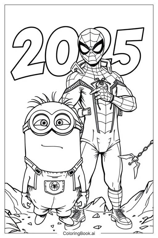  Trang tô màu minions ăn mừng 2025 cùng spider-man 