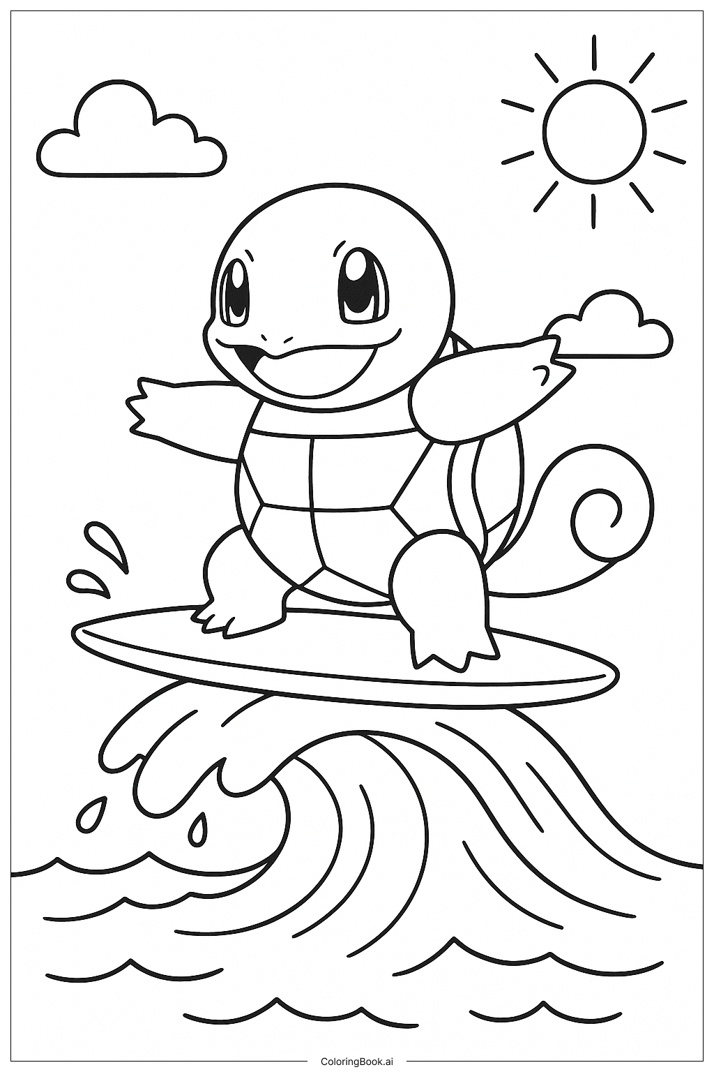  Página para colorear de Squirtle Surfeando en Una Ola Pequeña 