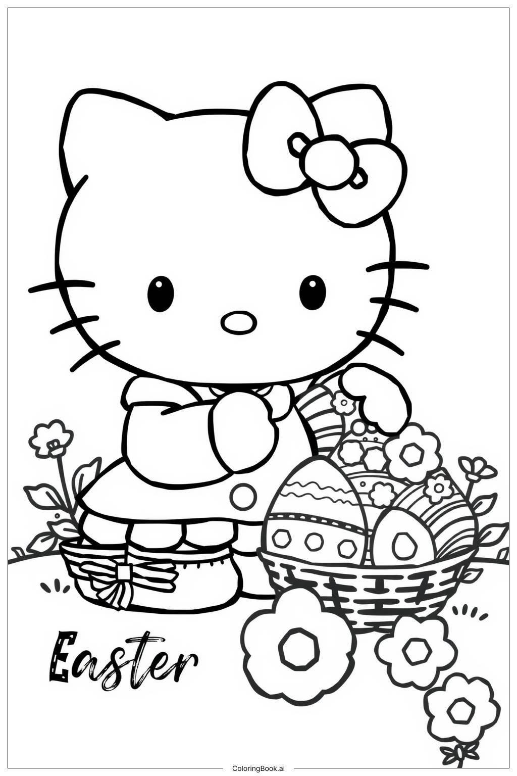  Página para colorir de hello kitty comemorando a Páscoa com ovos 