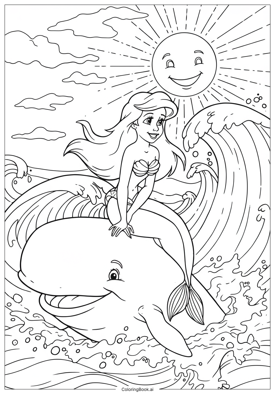  Página para colorear de Ariel Sentada en la Espalda de una Ballena 
