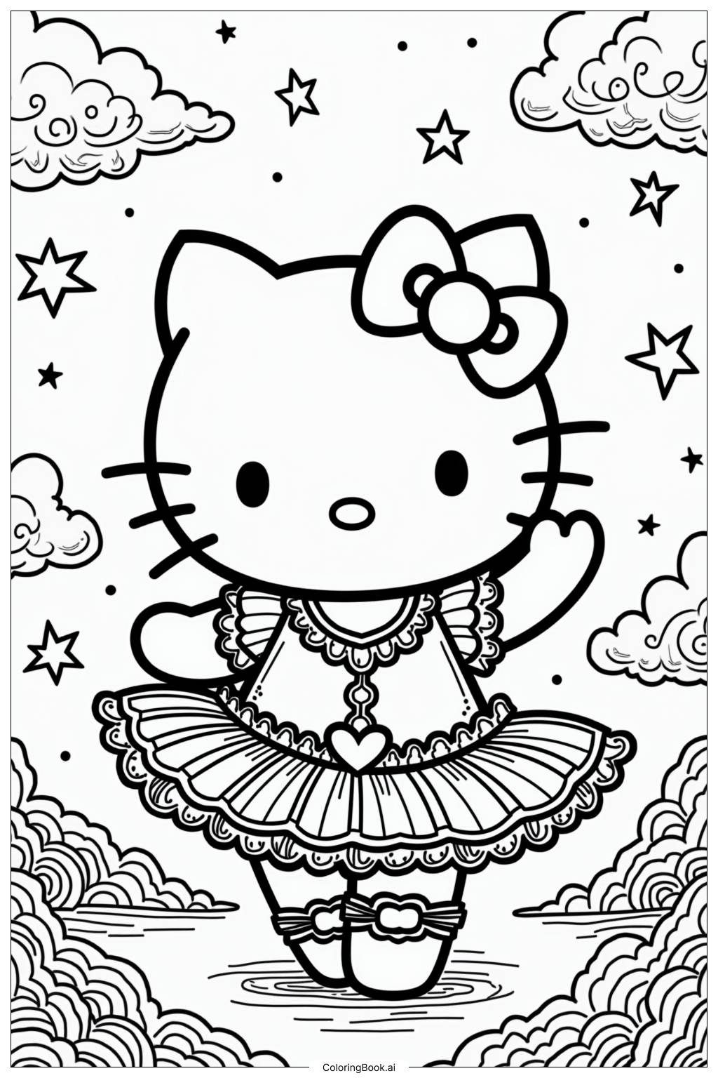  Hello Kitty Ballerina in a Starry Night Scene Coloring Page 