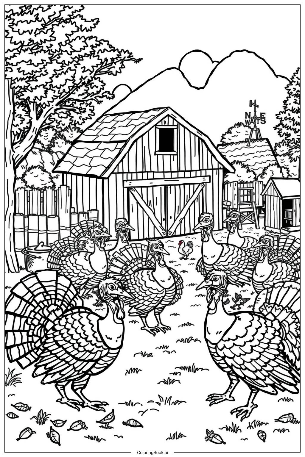  Turkey Farm Scene-2 Coloring Page 