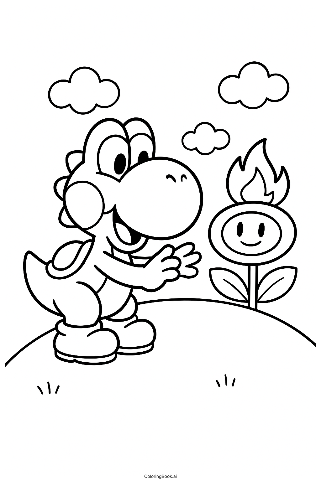  Yoshi Playing with a Fire Flower Coloring Page 