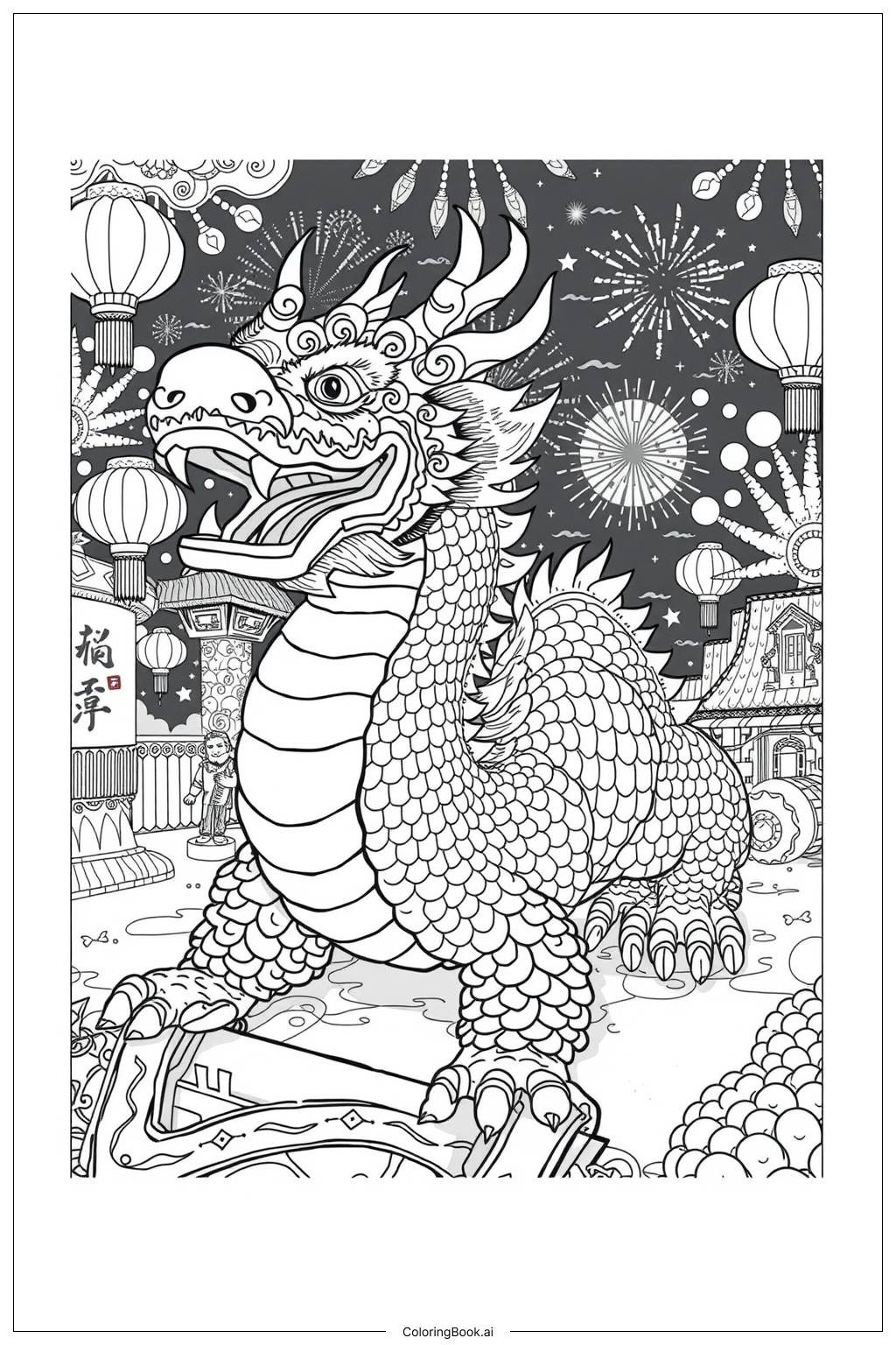  Page de coloriage Danse du Dragon Chinois 