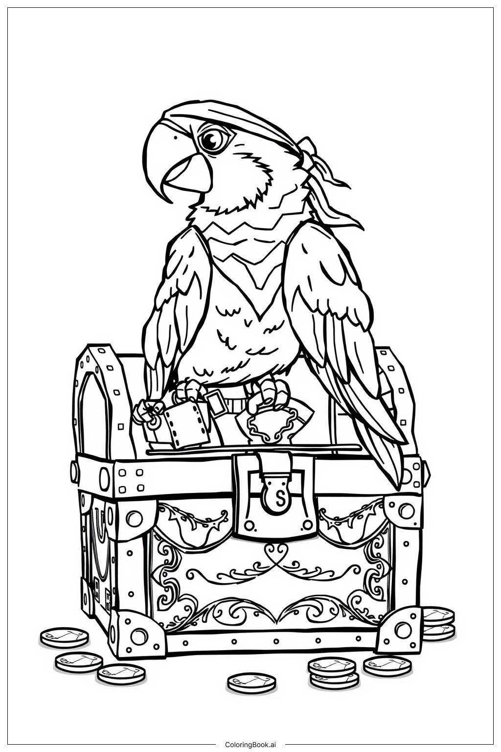  Pirate Parrot on a Treasure Chest Coloring Page 