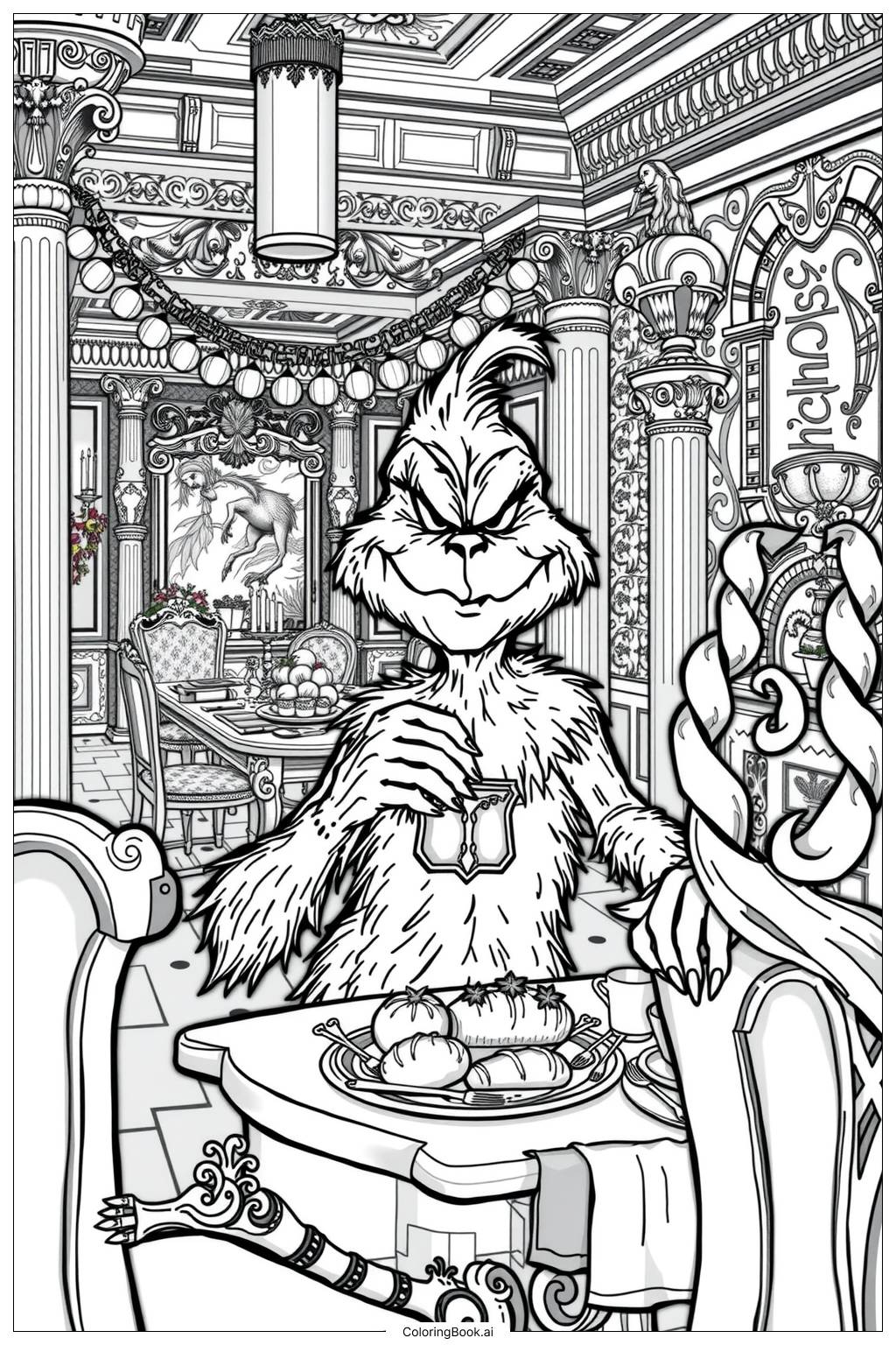  Page de coloriage Grinch profitant d'un festin festif 