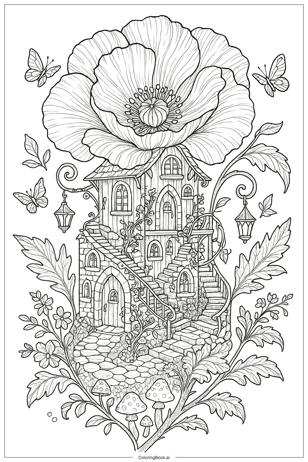  Trang tô màu Ngôi Nhà Tiên Chi Tiết Làm Từ Hoa Anh Túc 