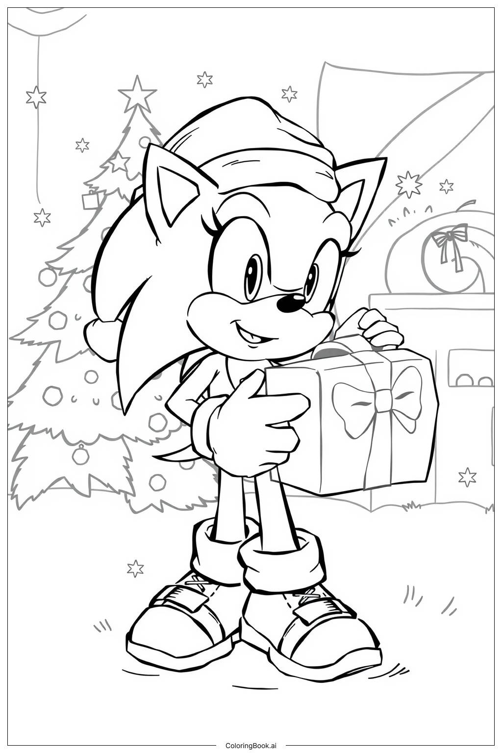  Página para colorir de Sonic segurando um presente de Natal 