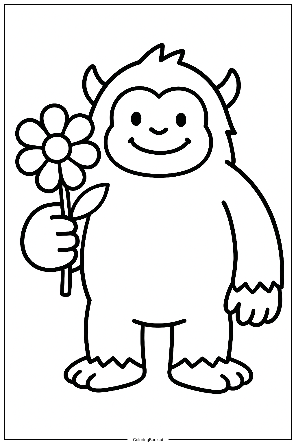  Page de coloriage Yéti tenant une fleur 